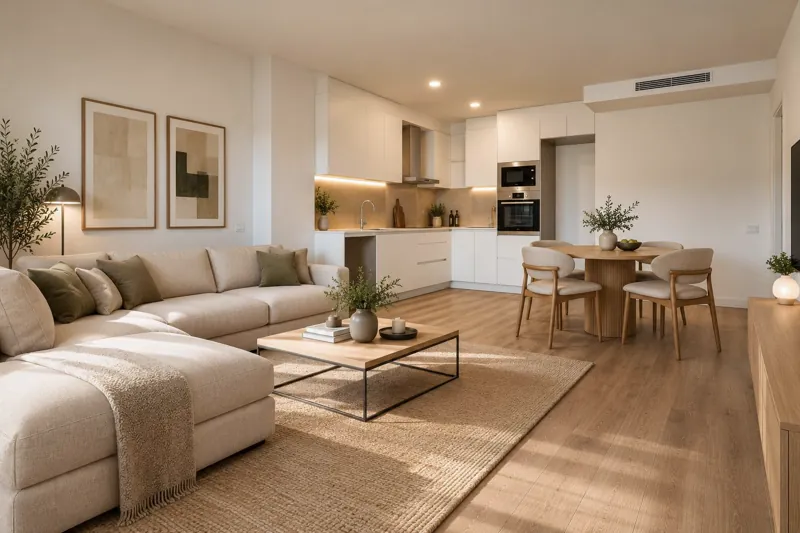 Salón comedor con cocina abierta y suelo vinílico de madera
